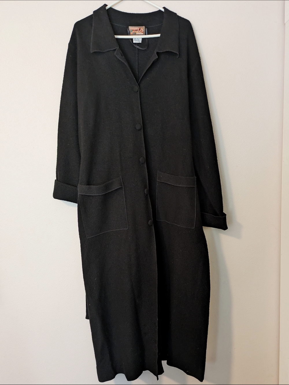 100% Wool April Cornell Long Black Button-Front Trench
